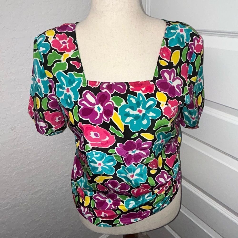 Vintage SASSON Square Neckline Floral Print Short Sleeve Blouse Shirt Top